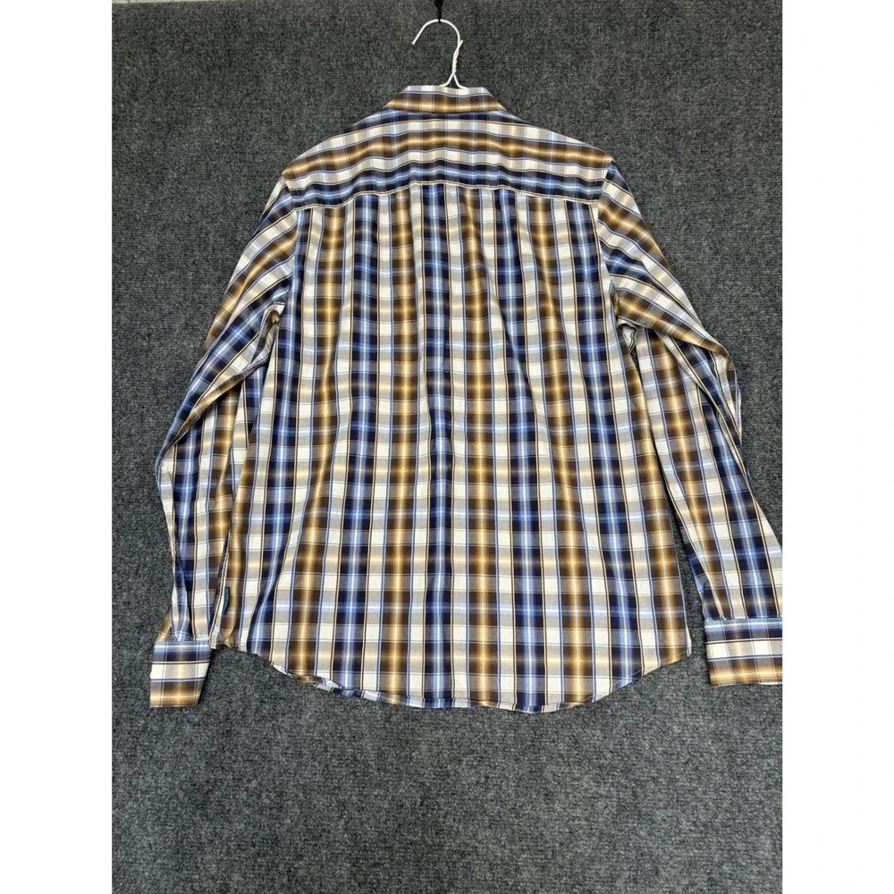 Perry Ellis Button Down Shirt Mens Medium Blue Brown Plaid Slim Fit Long Sleeve